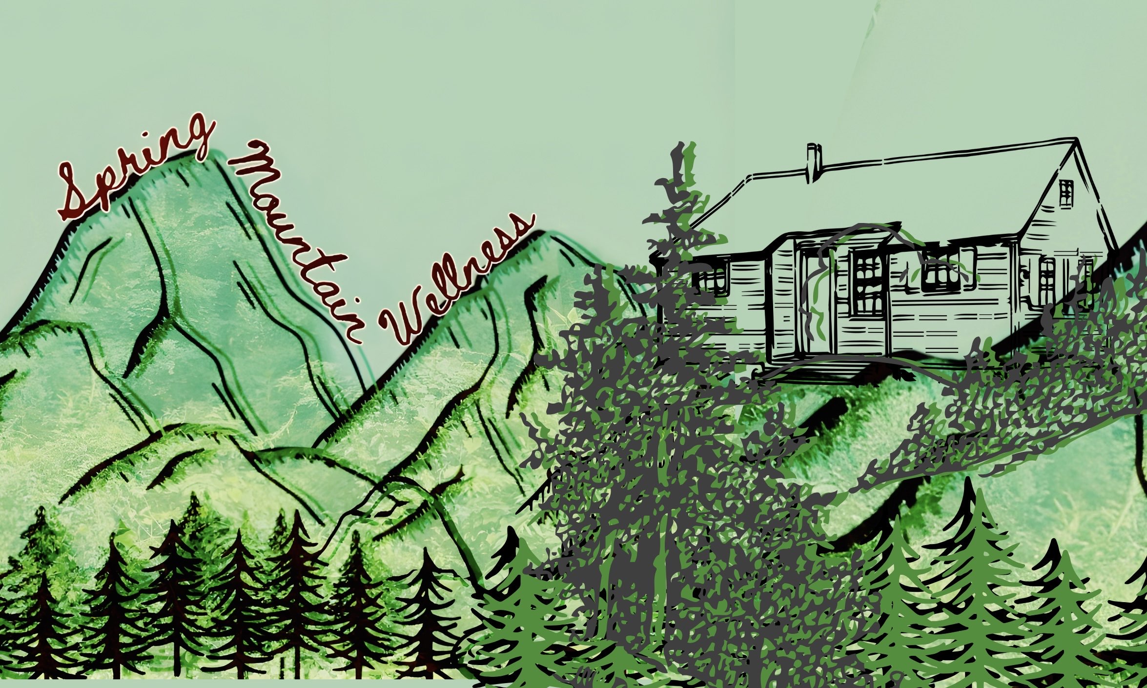 A banner image showing a sketch of a house on a wooded mountain with the words "Spring Mountain Wellness" written in cursive along the outline of the mountain tops